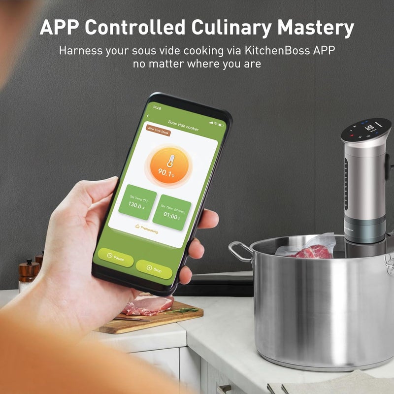 KitchenBoss طباخ سوس فيد واي فاي: آلة سوس فيد هادئة للغاية مع جهاز تحكم عبر التطبيق 1100 واط، طباخ دقيق مقاوم للماء IPX7 مع عرض رقمي دقيق لدرجة الحرارة، فضي - Image 2